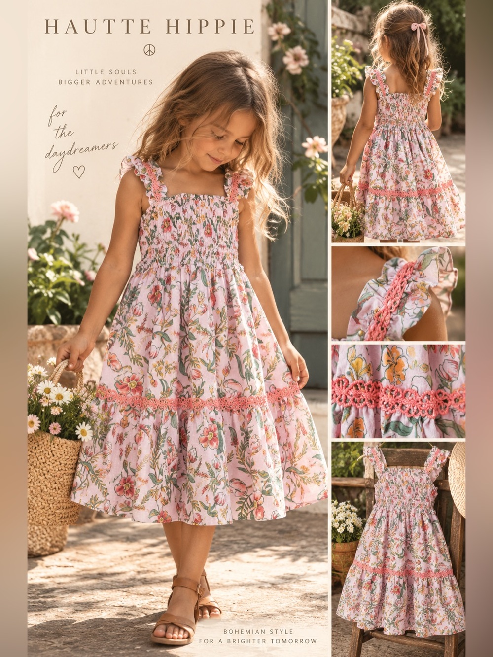 Haute Hippie Pink Floral Smocked Sundress with Coral Trim